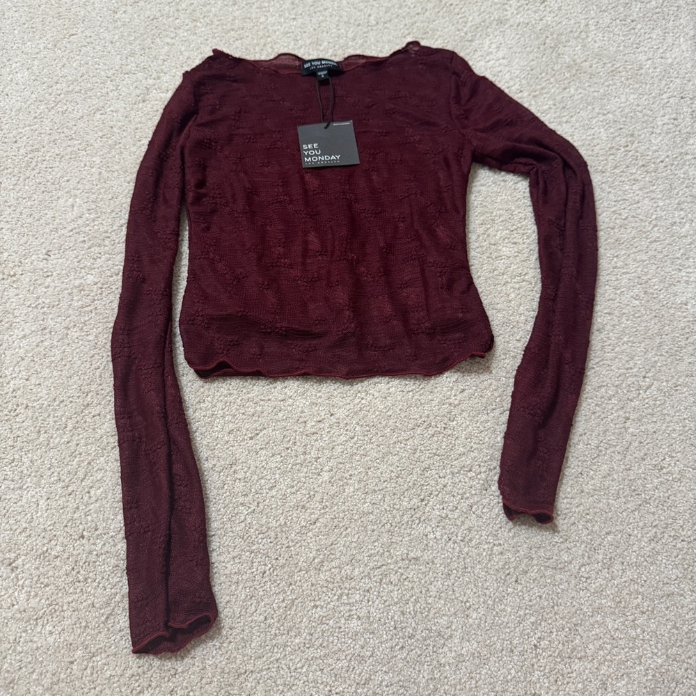 See You Monday Deep Red Long Sleeve lace Top